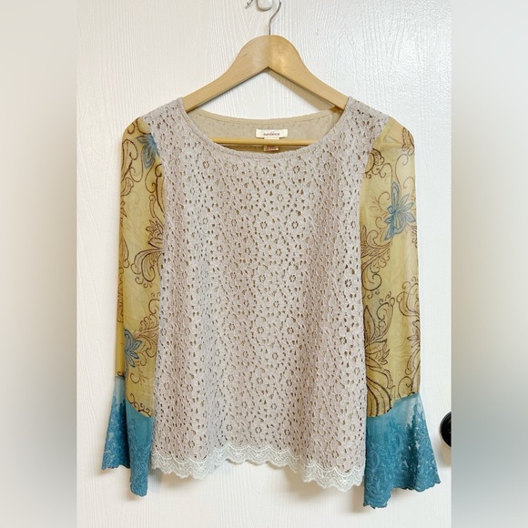 Sundance Suzette Lace & Colorful Printed Silk Sleeve Mixed Media Blouse Size S - Picture 6 of 6